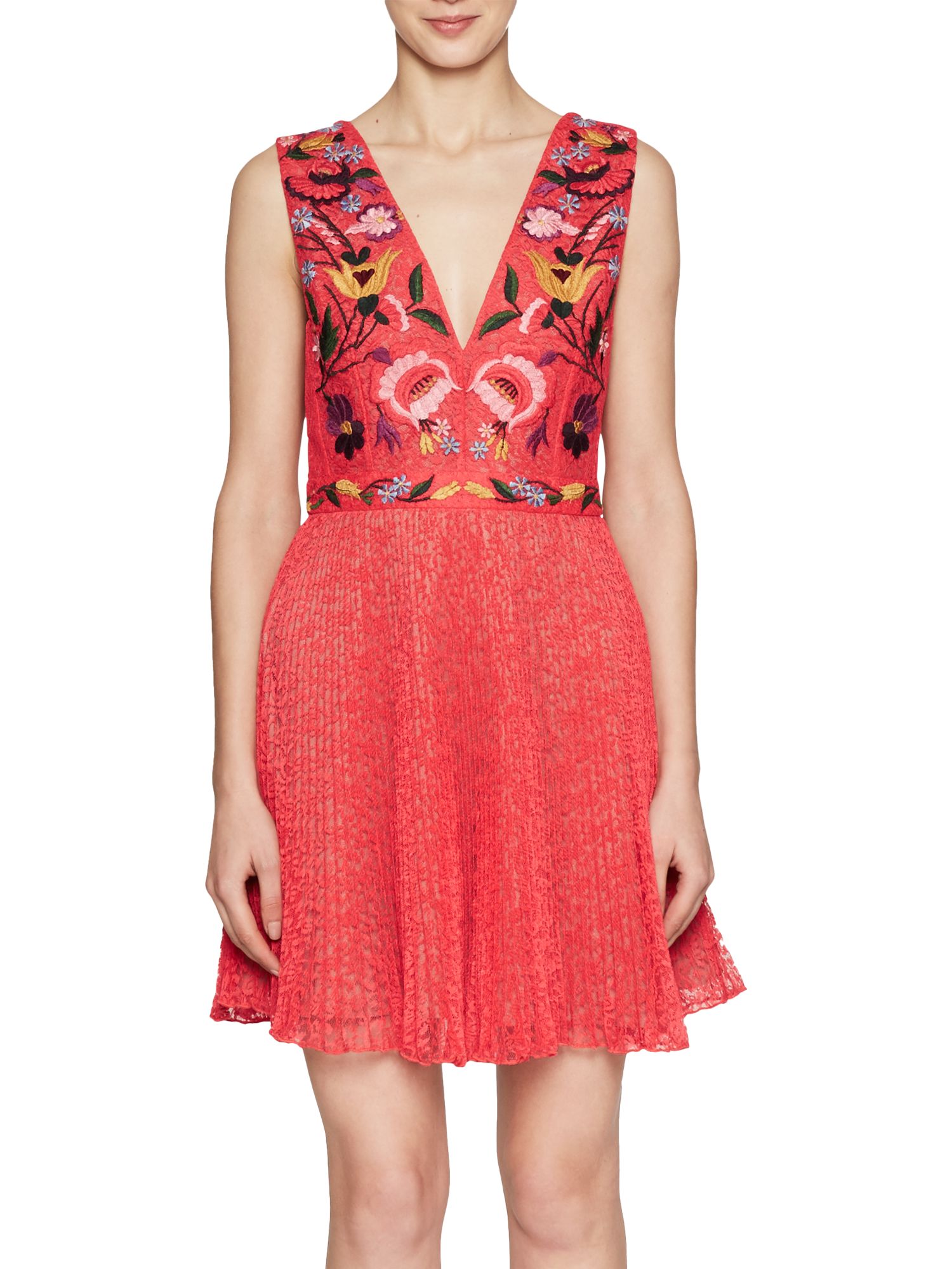 French Connection Alice Lace V Neck Dress, Watermelon/Multi