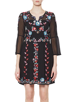 French Connection Edith Floral Bell Sleeve Flared Dress, Black/Multi