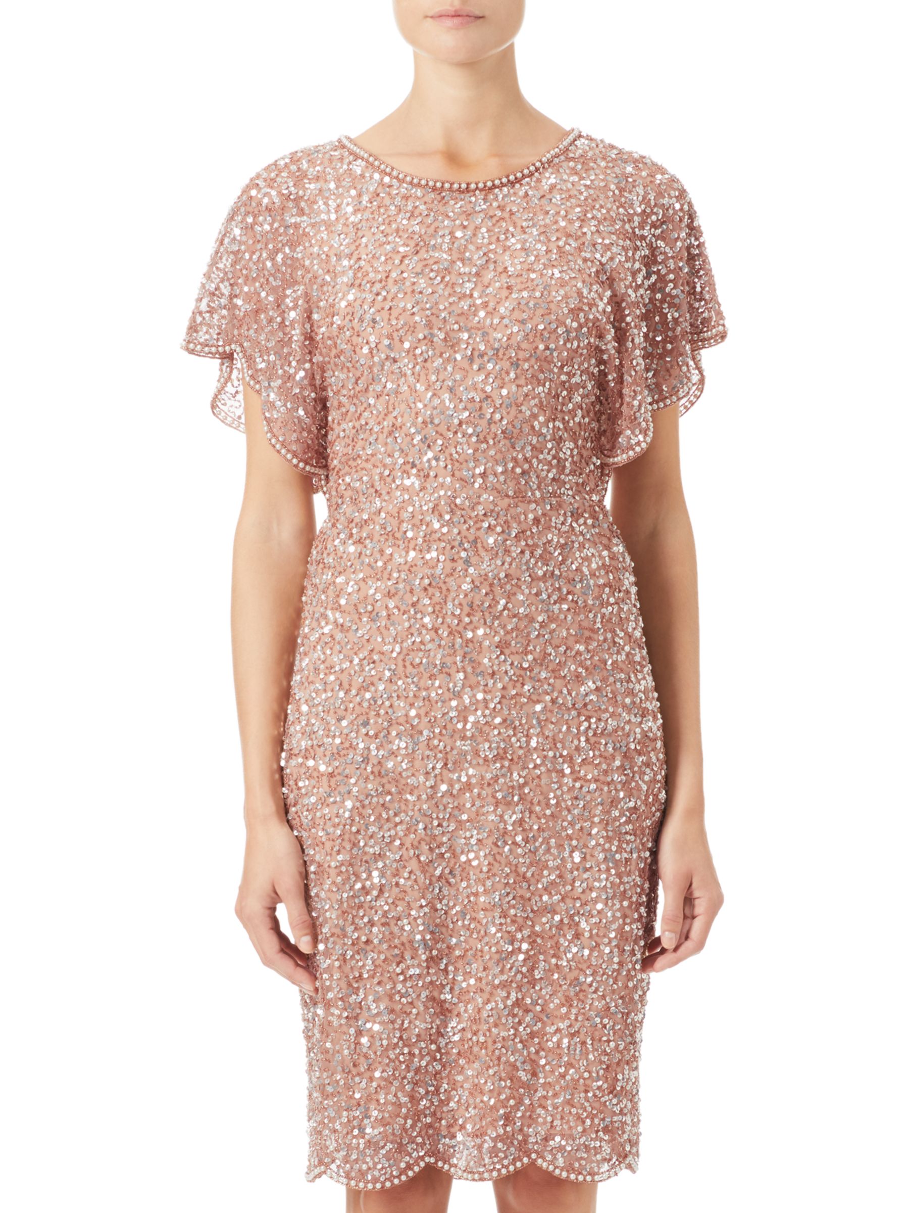 Adrianna Papell Flutter Sleeve Beaded Dress Rose Gold At John Lewis And Partners