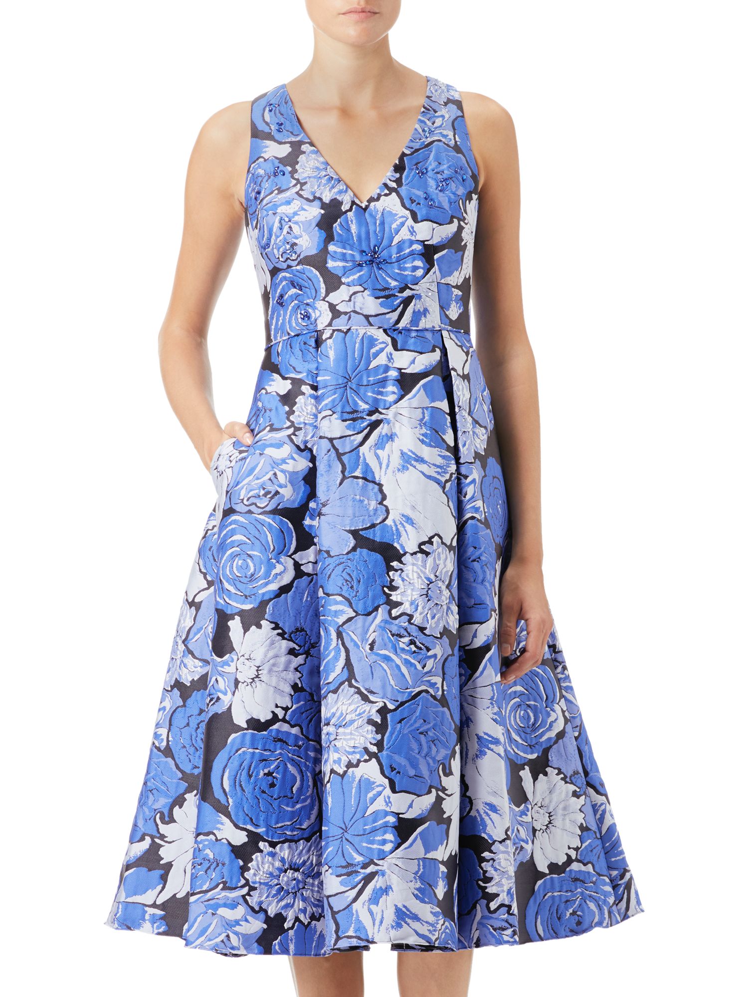 Adrianna Papell Floral Jacquard Fit and Flare Dress, Blue at John Lewis & Partners
