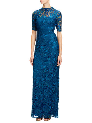 Adrianna Papell Guipure Lace Round Neck Floor Length Dress, Evening Sky