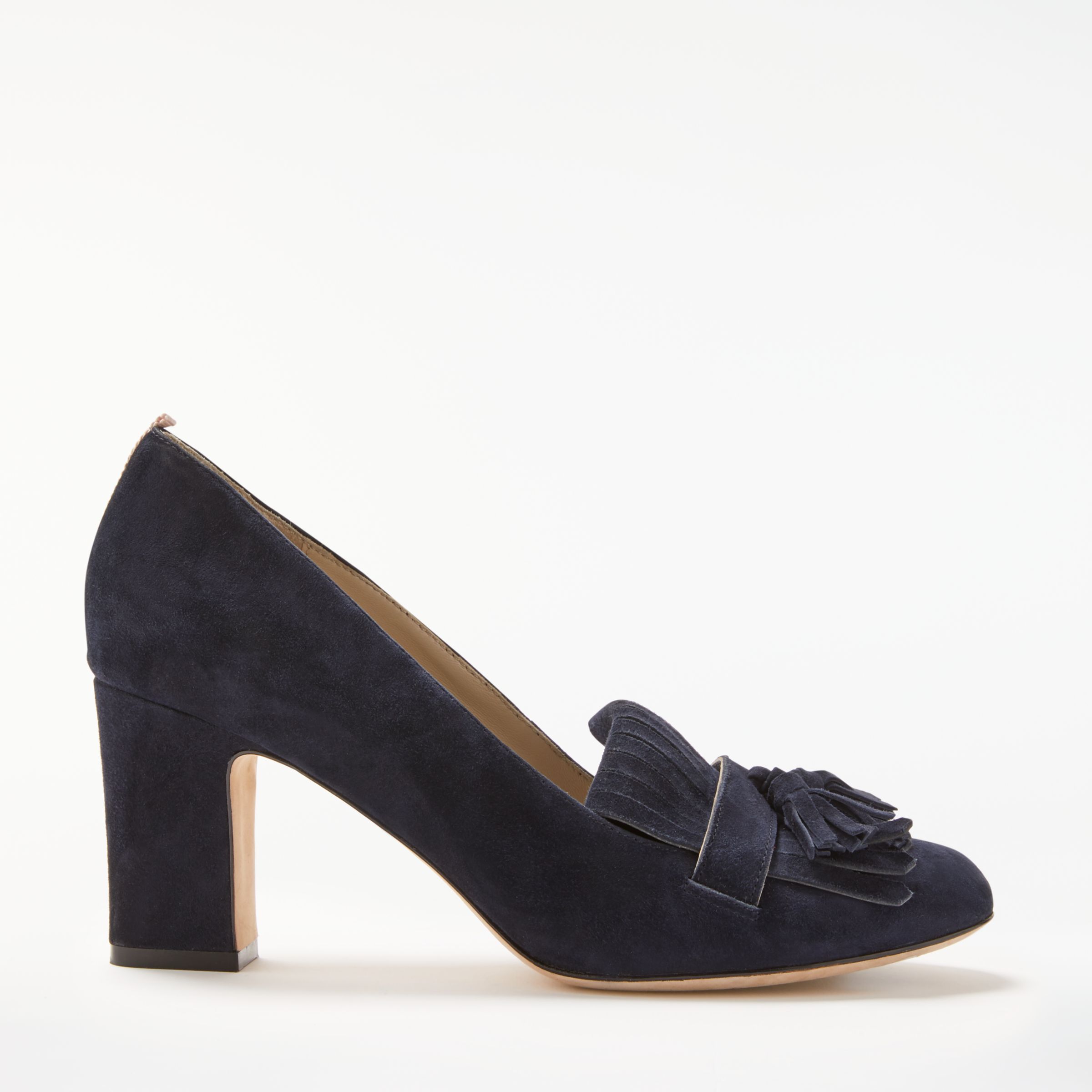 Boden Pippa Block Heeled Loafer Court Shoes, Navy Suede at John Lewis ...