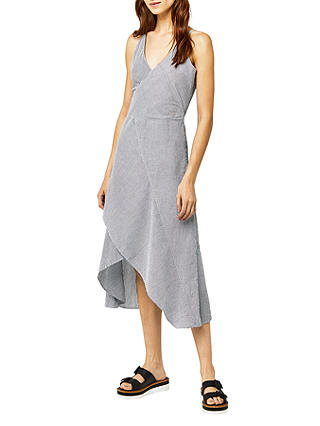 Warehouse Cotton Ruffle Midi Dress, Grey Stripe