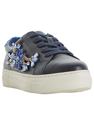 Dune Emerelda Embellished Lace Up Trainers, Navy Leather