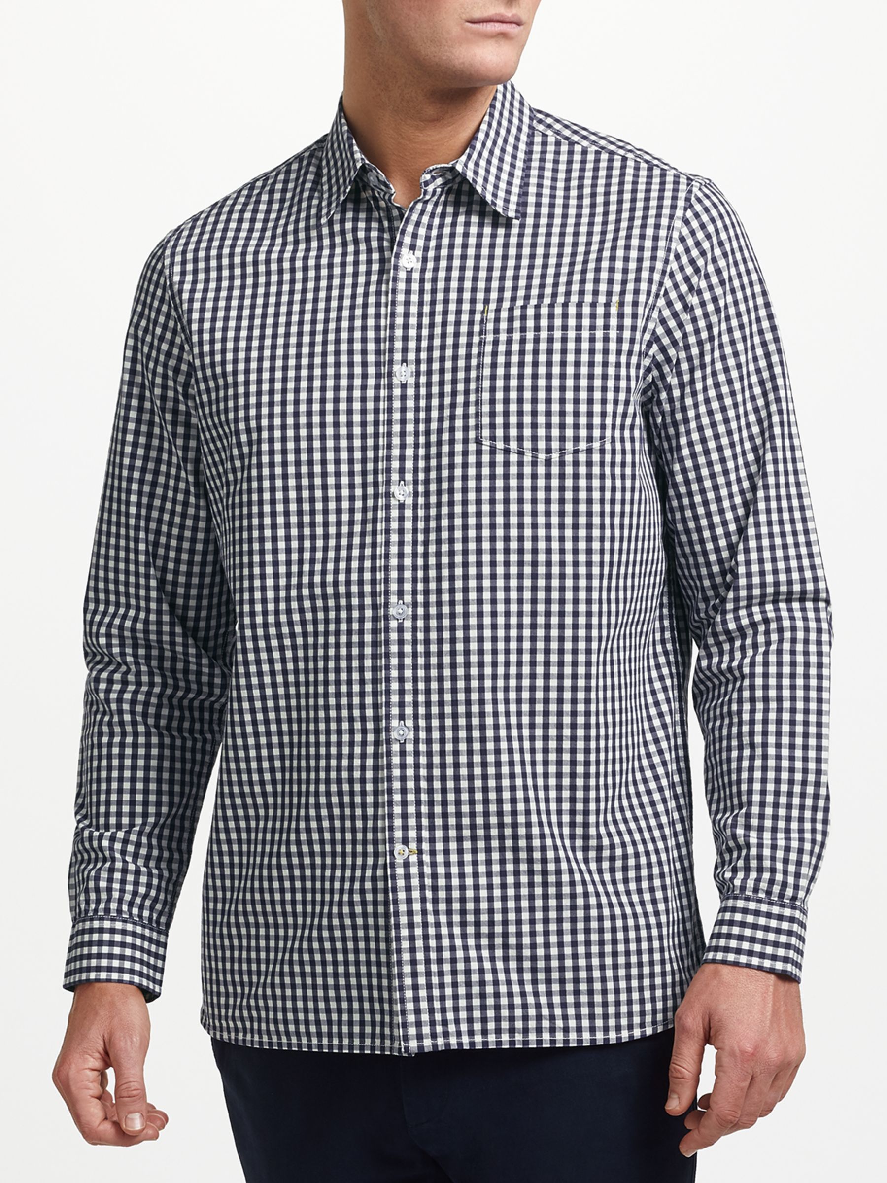 John Lewis & Partners Cotton Poplin Gingham Shirt, Navy, L