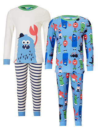 John Lewis & Partners Children's Monster Pyjamas, Pack of 2, Blue/White
