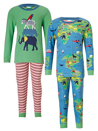 John Lewis & Partners Children's World Safari Pyjamas, Pack of 2, Green/Blue
