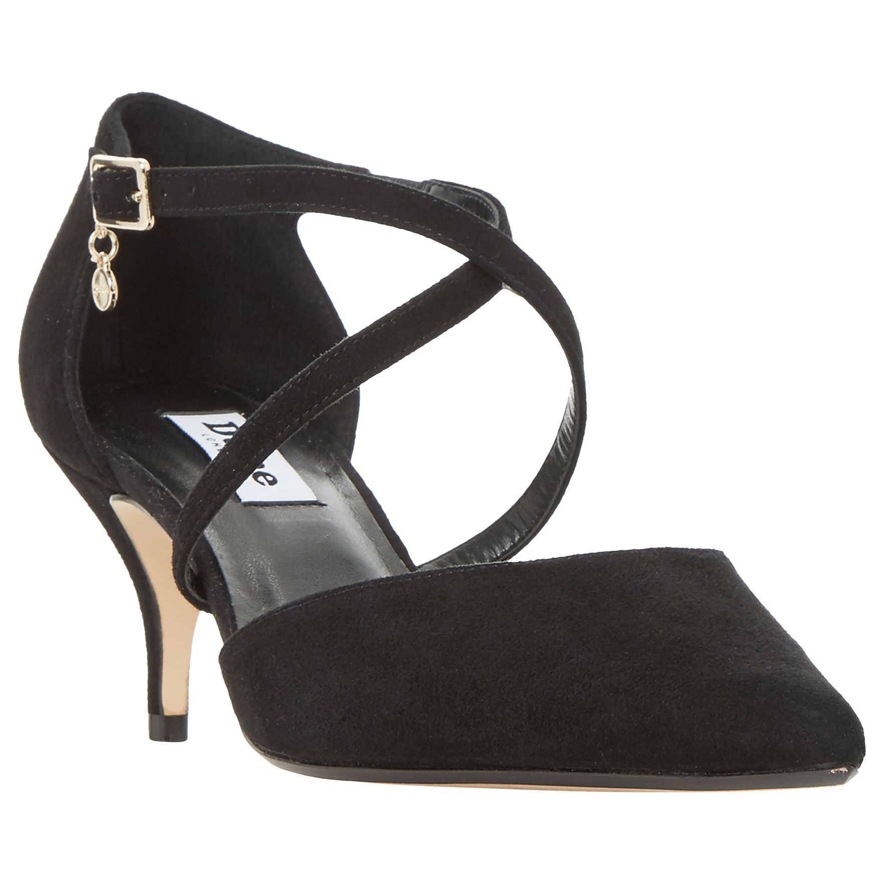 Dune Courtnee Cross Strap Kitten Heel Court Shoes, Black Suede