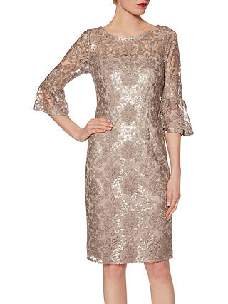Gina Bacconi Candace Sequin Embroidered Crepe Dress, Taupe
