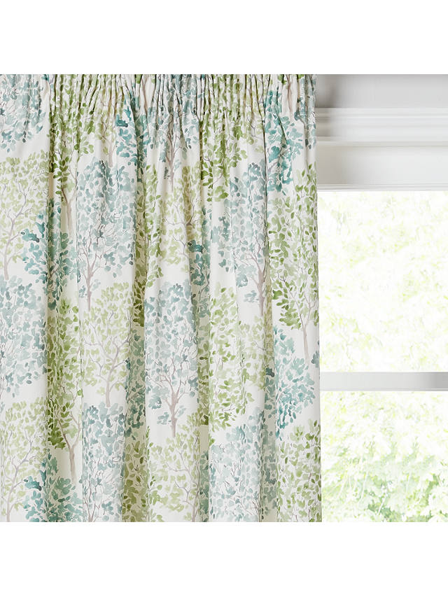 John Lewis & Partners Leckford Trees Pair Lined Pencil Pleat Curtains, Green, W167 x Drop 137cm