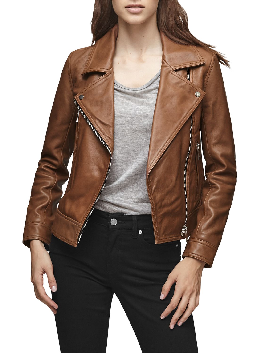 Reiss Leather Biker Jacket, Tan, 6