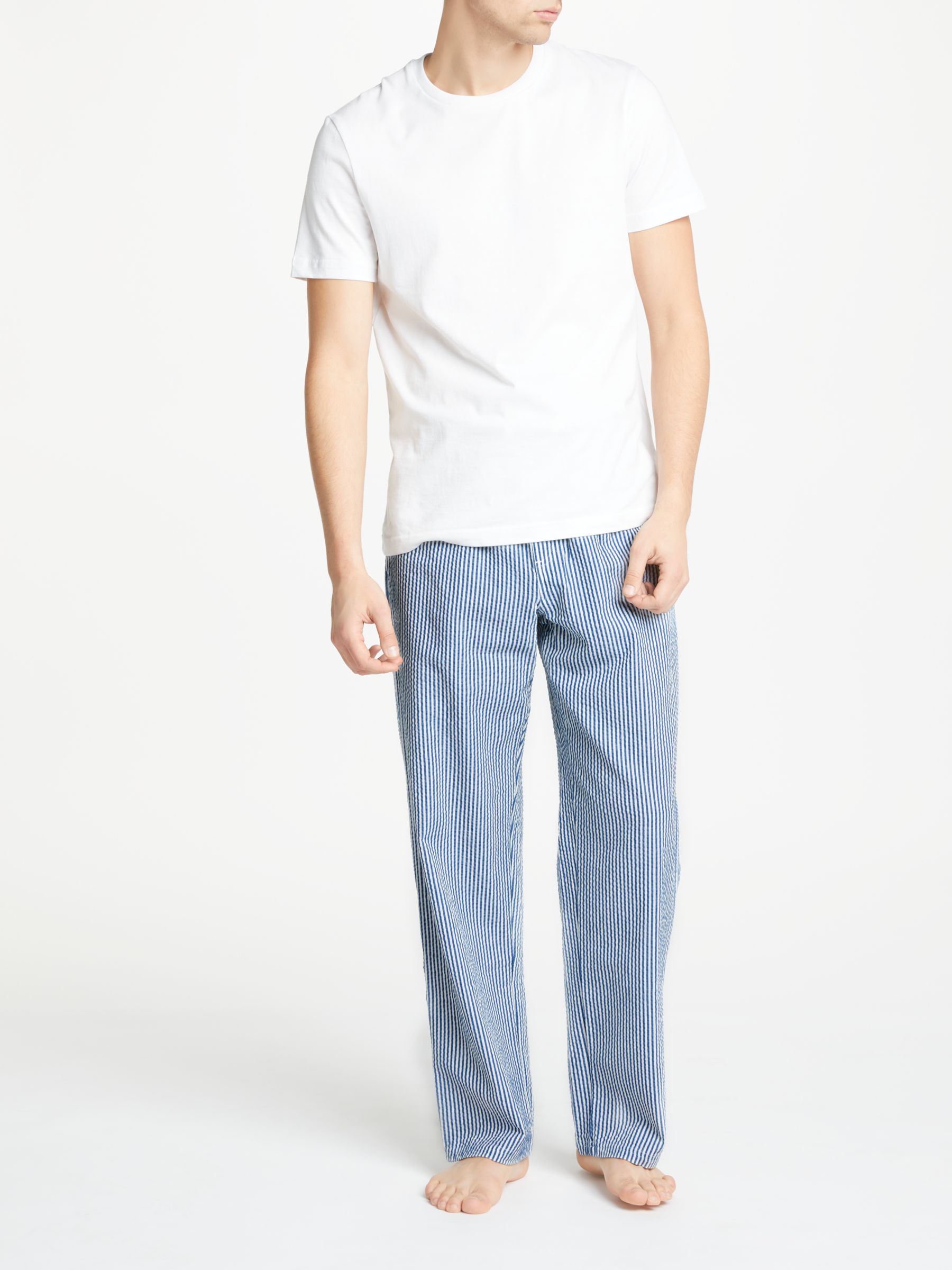 John Lewis & Partners Stripe Seersucker Cotton Lounge Pants, White/Blue, S