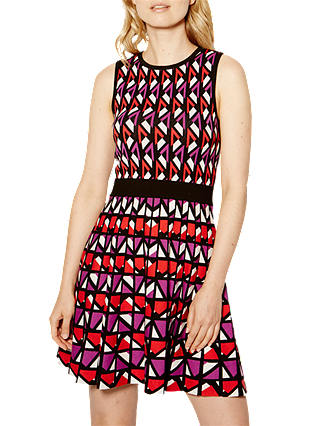 Karen Millen Geometric Knitted A-Line Dress, Red/Multi