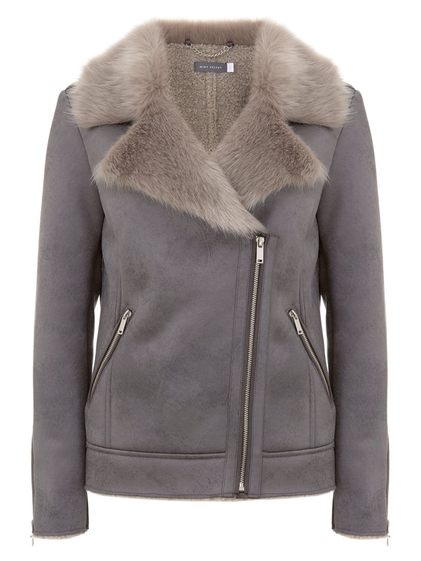 Mint Velvet Aviator Jacket Faux Fur Leather Black Women's Size 12