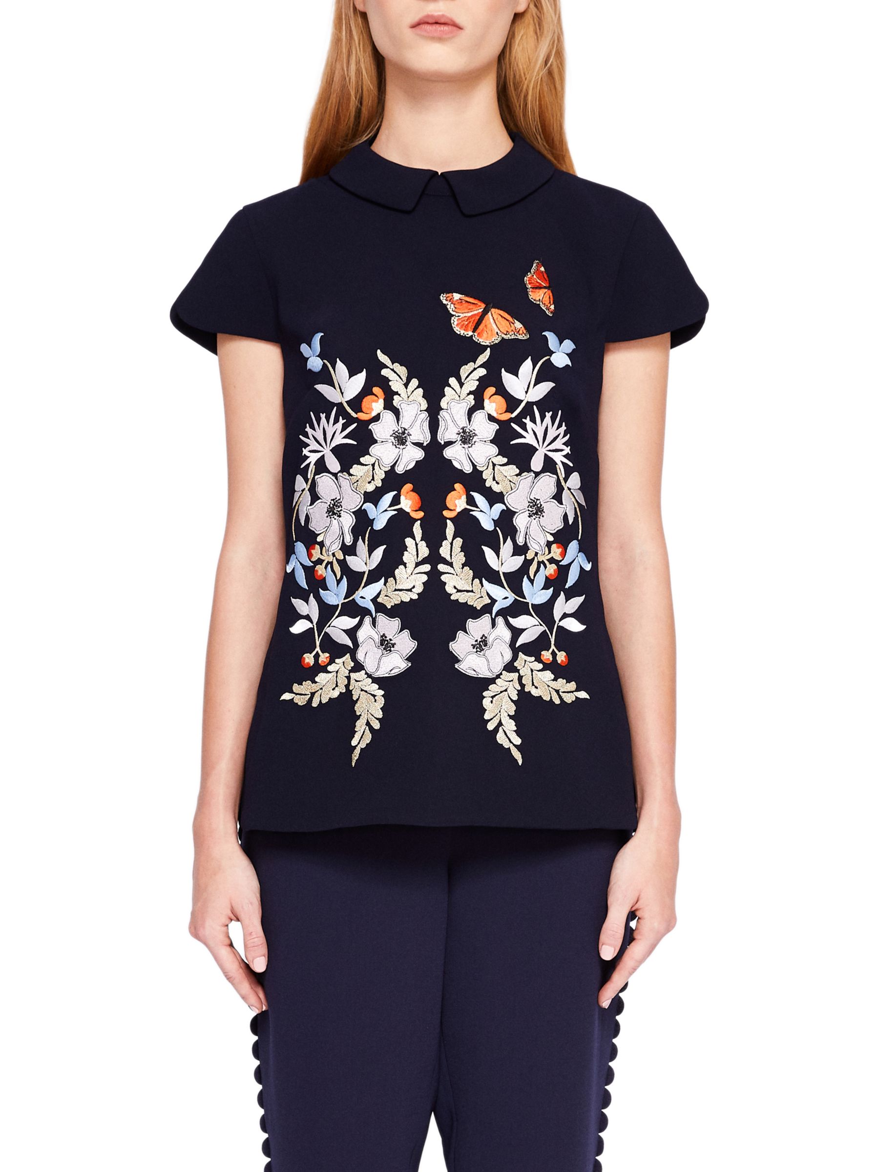 Ted Baker Enora Kyoto Gardens Embroidered Top, Mid Blue
