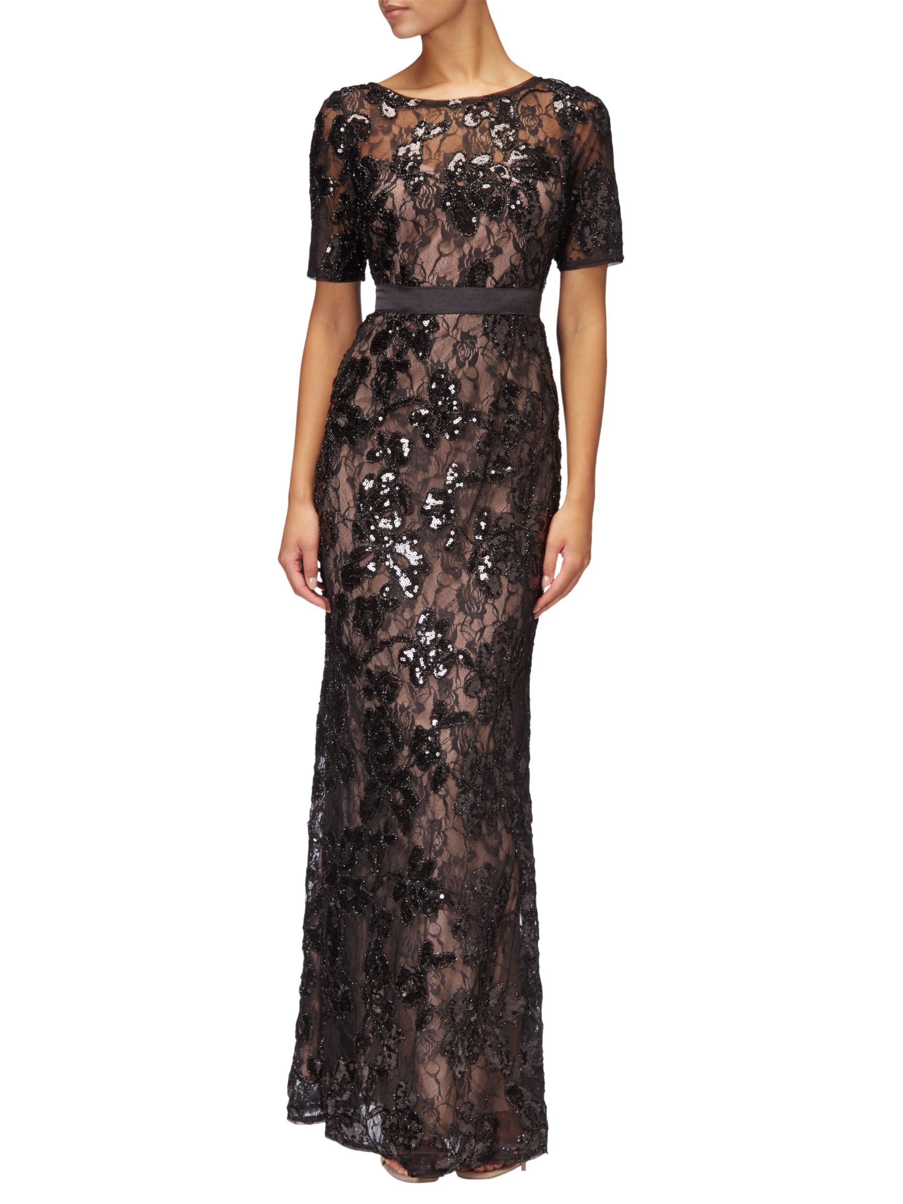 Adrianna Papell Sequined Lace Long Dress, Black/Nude