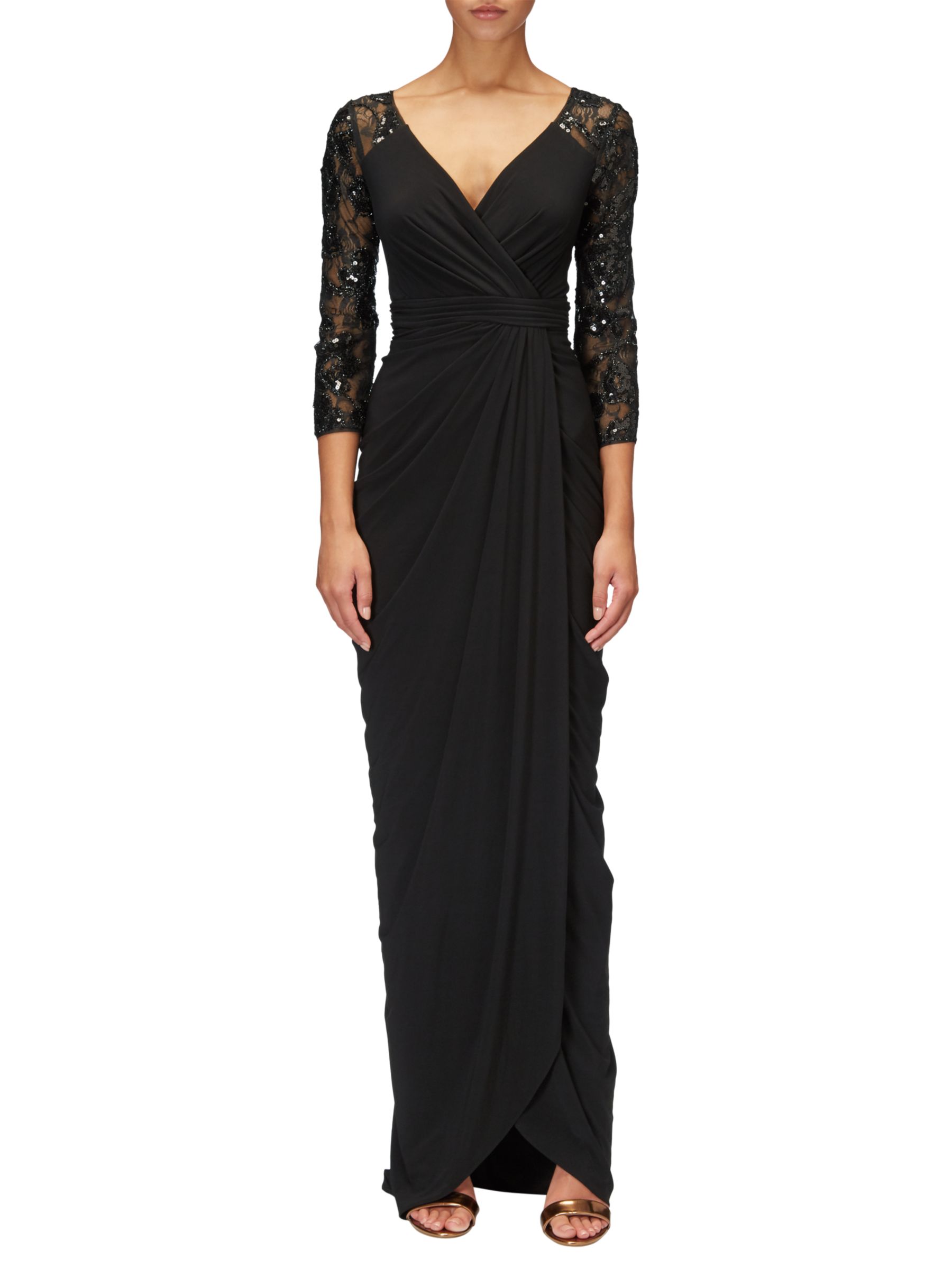 Adrianna Papell Plus Size Lace Sleeved Long Dress, Black at John Lewis & Partners