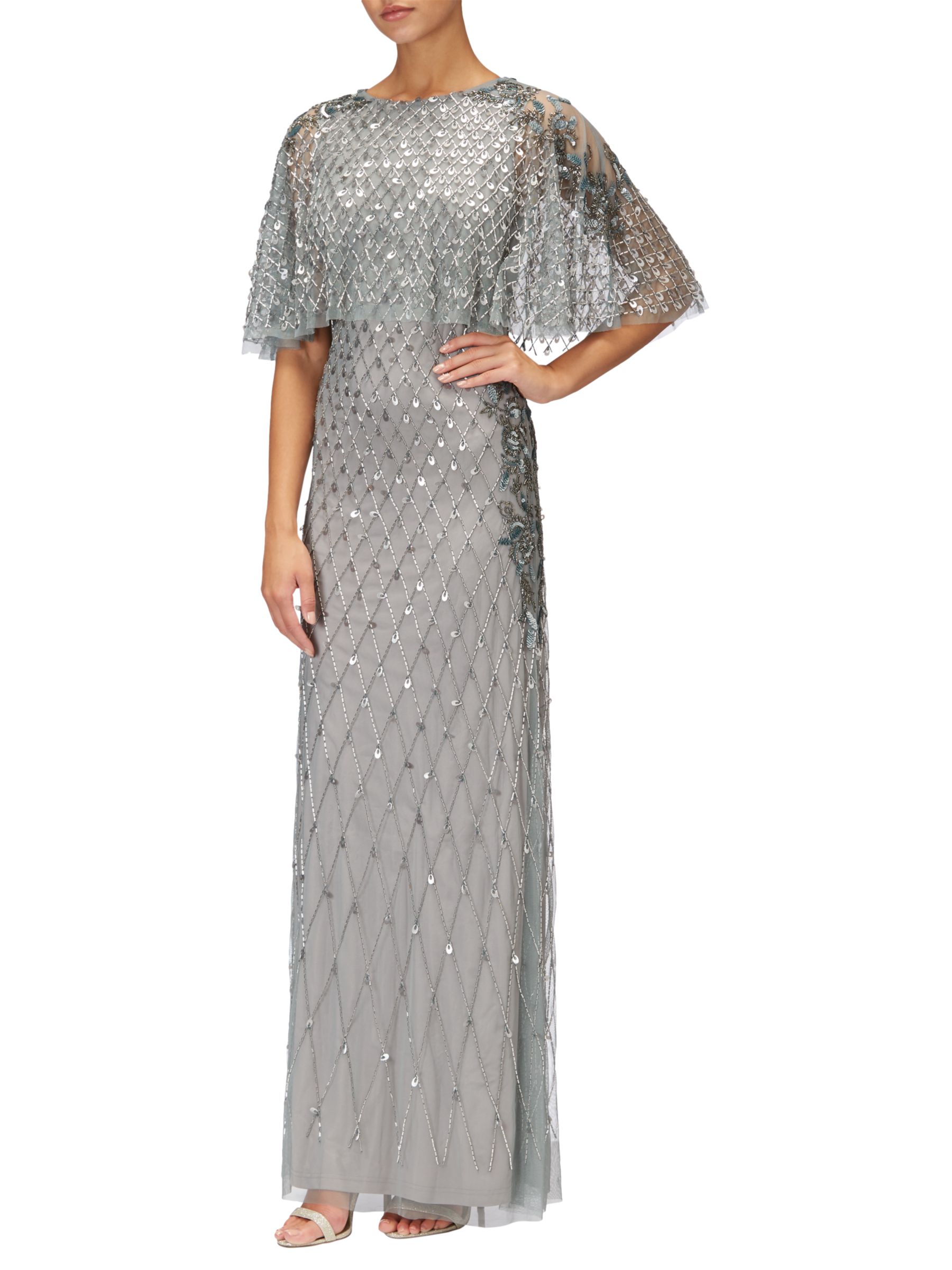 Adrianna Papell Long Beaded Dress With Cape, Slate