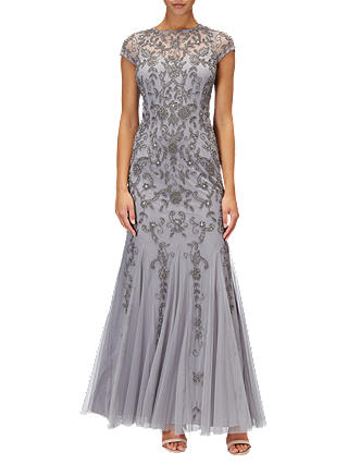 Adrianna Papell Long Beaded Mermaid Dress, Silver/Grey