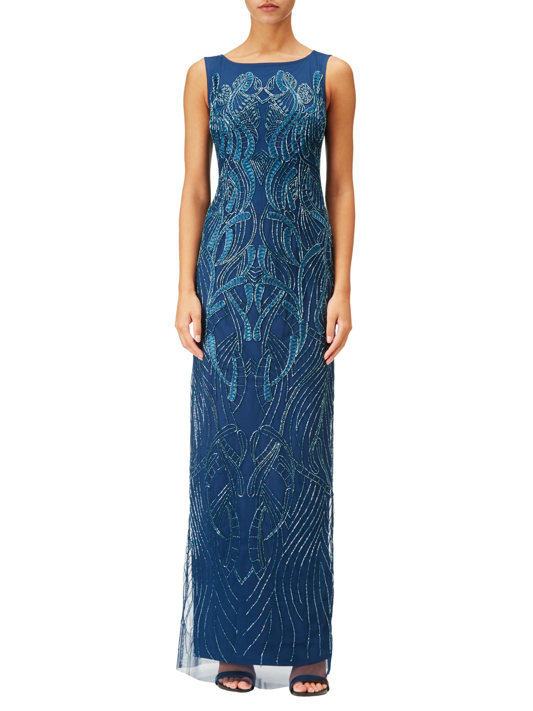Adrianna Papell Beaded Boat Neck Long Evening Dress, Blue at John Lewis ...