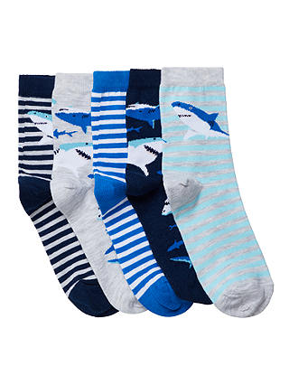 John Lewis & Partners Boys' Nautical Shark Print Socks, Pack of 5, Blue