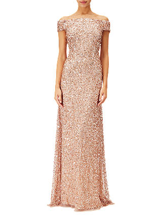 Adrianna Papell Off Shoulder Beaded Gown, Rose Gold