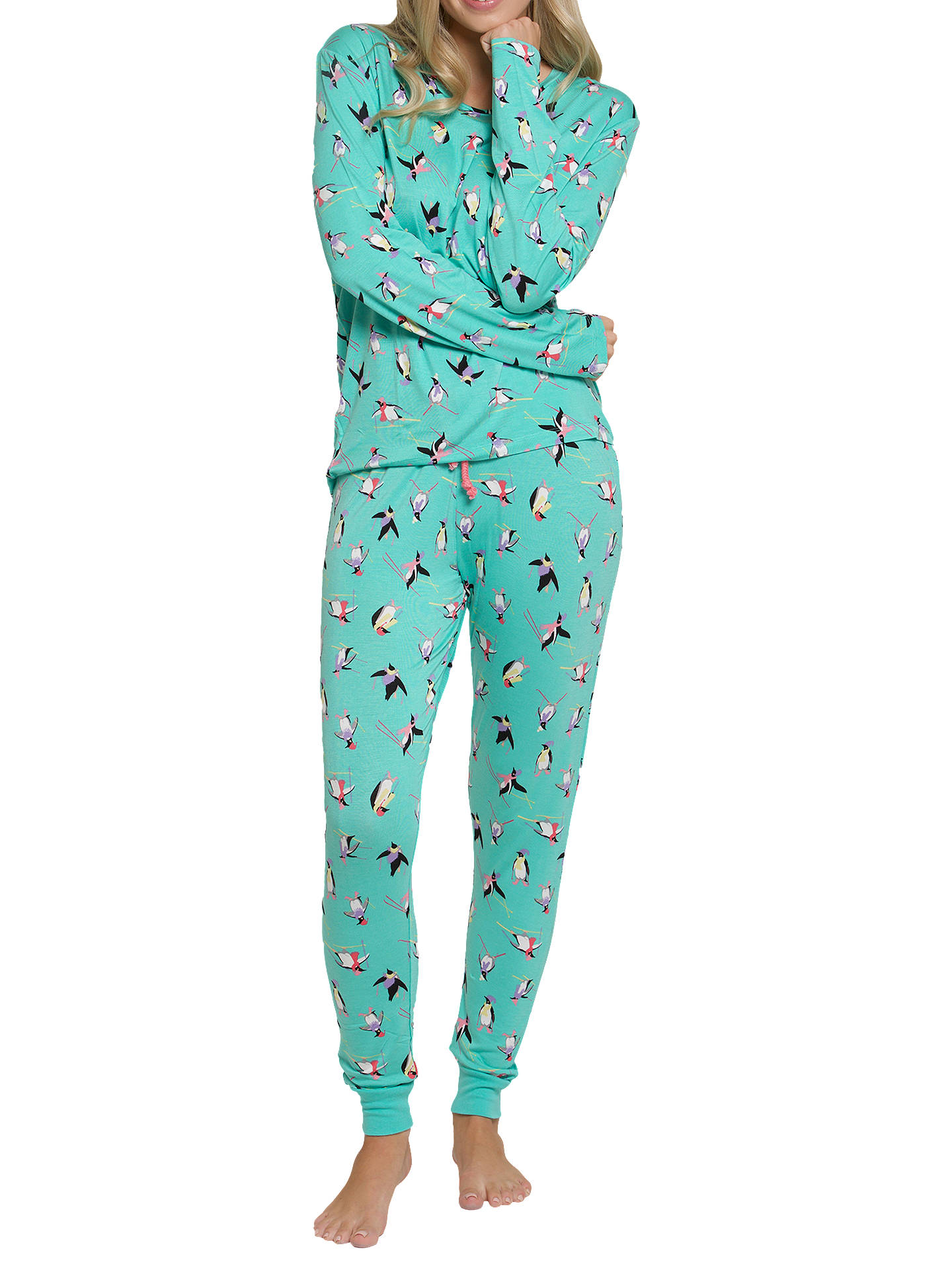 Chelsea Peers Skiing Penguin Print Pyjama Set, Turquoise ...