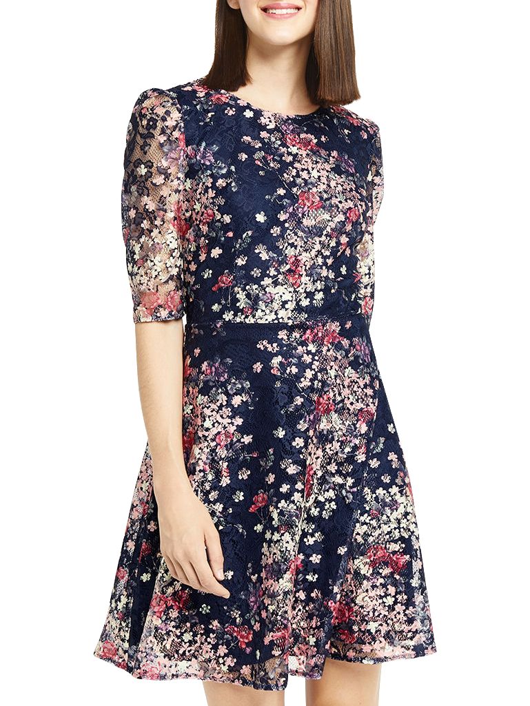 Oasis Lace Printed Puff Sleeve Dress Multiblue 5050