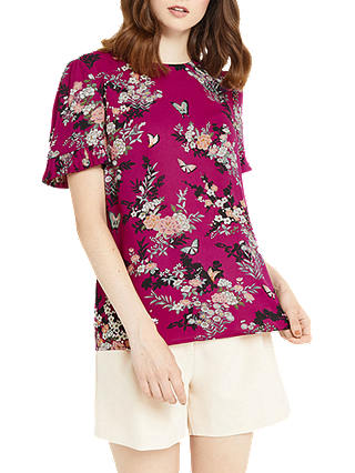 Oasis Kimono Pleat Sleeve T-Shirt, Berry Pink/Multi
