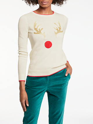 Boden Embroidered Antlers Christmas Jumper, Ivory/Multi
