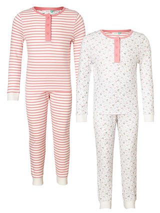 John Lewis & Partners Children's Floral Bee And Stripe Print Pyjamas, Pack of 2, Pink/White