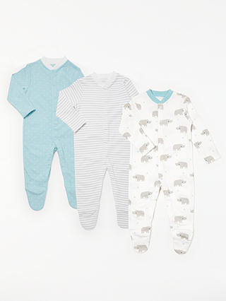 John Lewis & Partners Baby Rhino GOTS Organic Cotton Sleepsuit, Pack of 3, Multi
