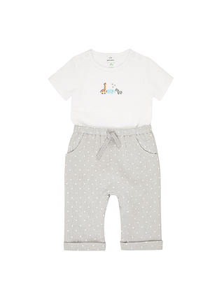 John Lewis & Partners Baby Jungle Friends Bodysuit and Crinkle Trousers Set, White/Grey