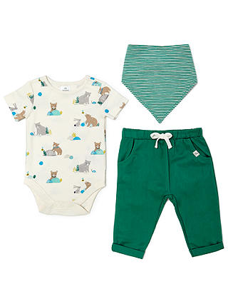 John Lewis & Partners Baby Bear Bodysuit, Woven Trousers  and Bib Set, Green