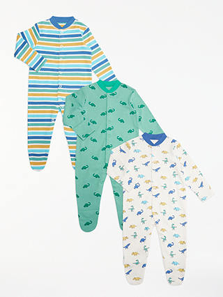 John Lewis & Partners Baby Dinosaur Long Sleeve GOTS Organic Cotton Sleepsuit, Pack of 3, Multi