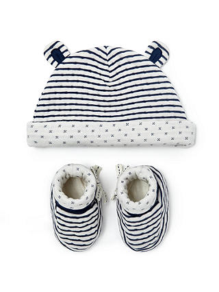 John Lewis & Partners Baby GOTS Organic Cotton Hat and Booties Set, Navy