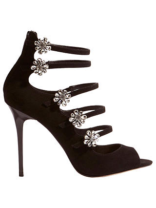 Karen Millen Jewelled Flower Stiletto Heeled Sandals, Black Suede