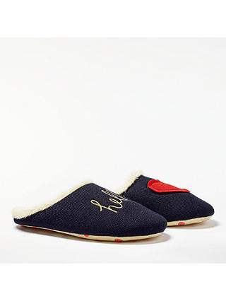 Boden Hello Embroidered Mule Slippers, Navy