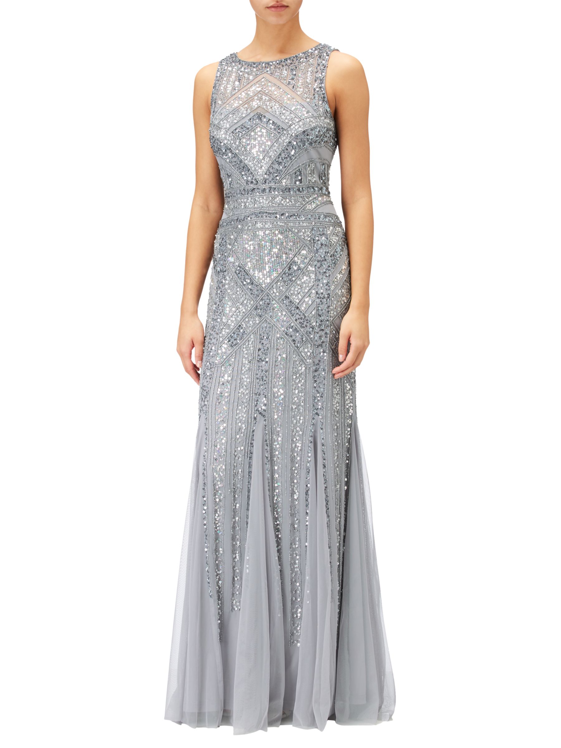 Adrianna Papell Sleeveless Round Neck Beaded Gown, Silver/Grey