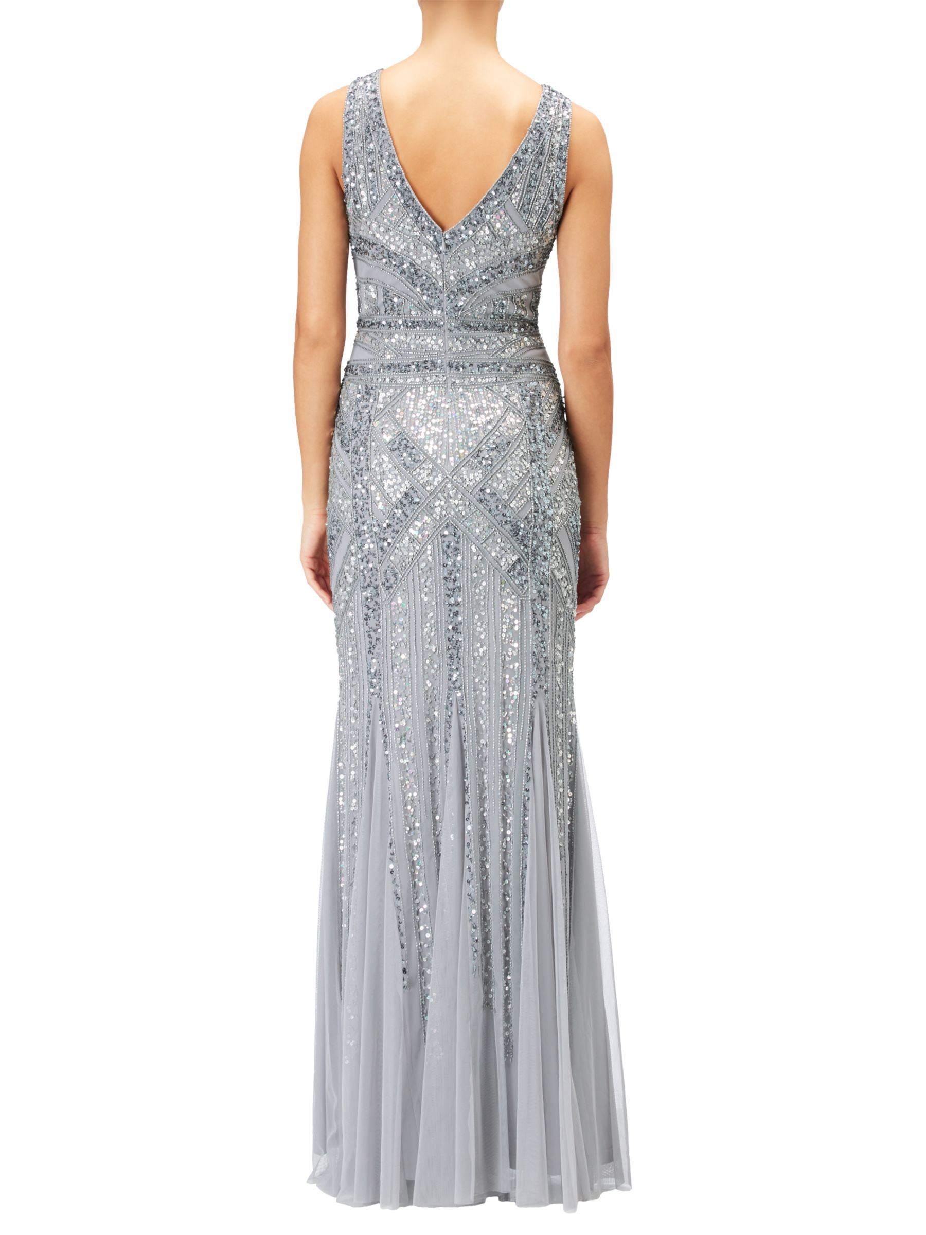 Adrianna Papell Sleeveless Round Neck Beaded Gown, Silver/Grey