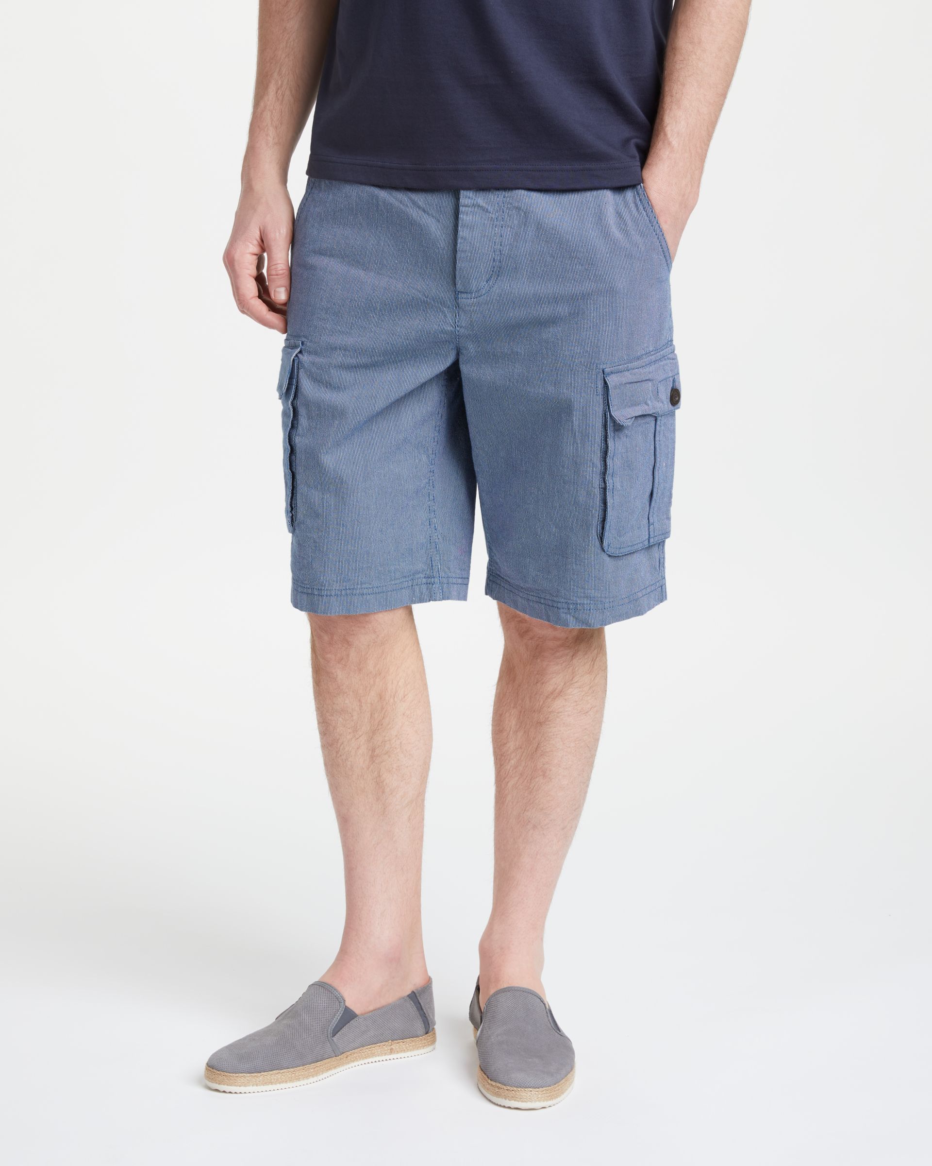 John Lewis & Partners Stripe Cotton Cargo Shorts, Blue, 32R