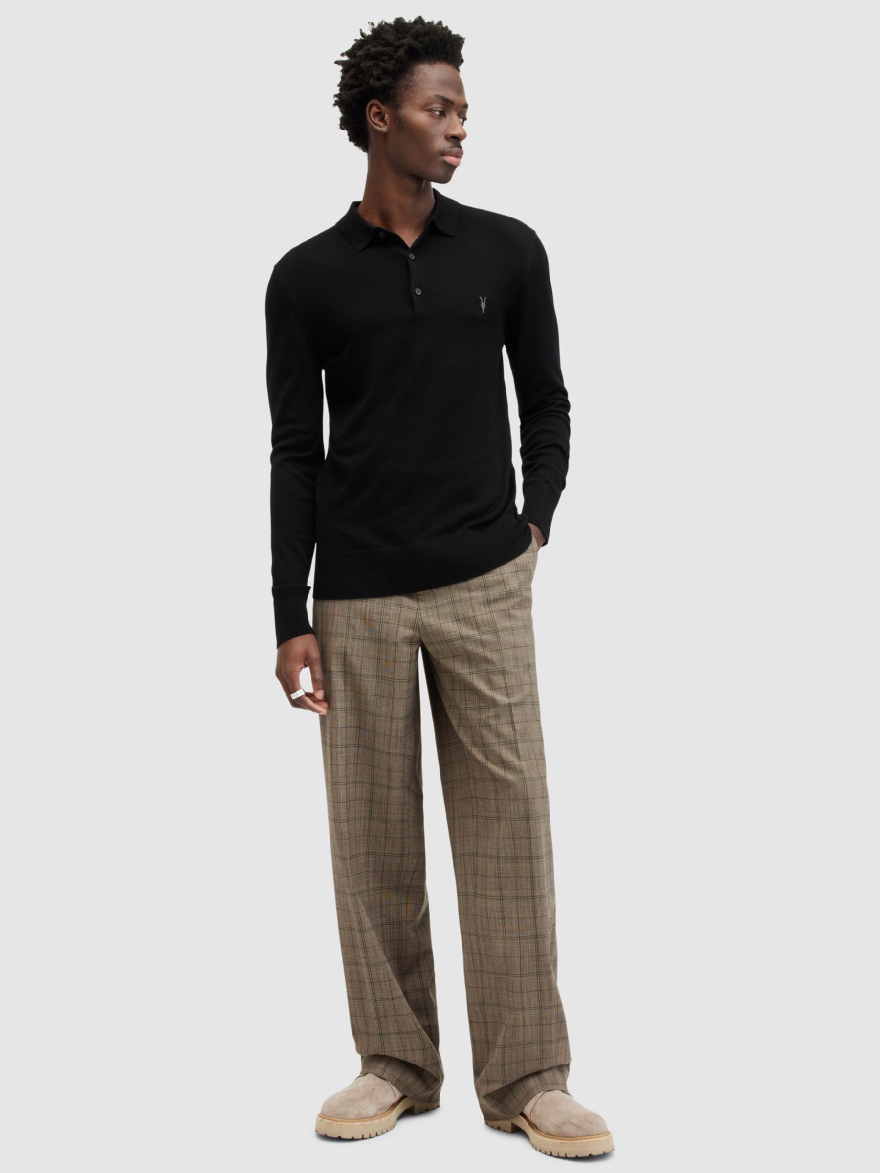 AllSaints Mode Merino Slim Fit Polo Shirt, Black, XS