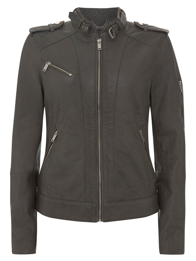 Mint Velvet Leather Biker Jacket, Khaki