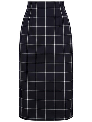 Jaeger Wool Check Pencil Skirt, Navy/Ivory