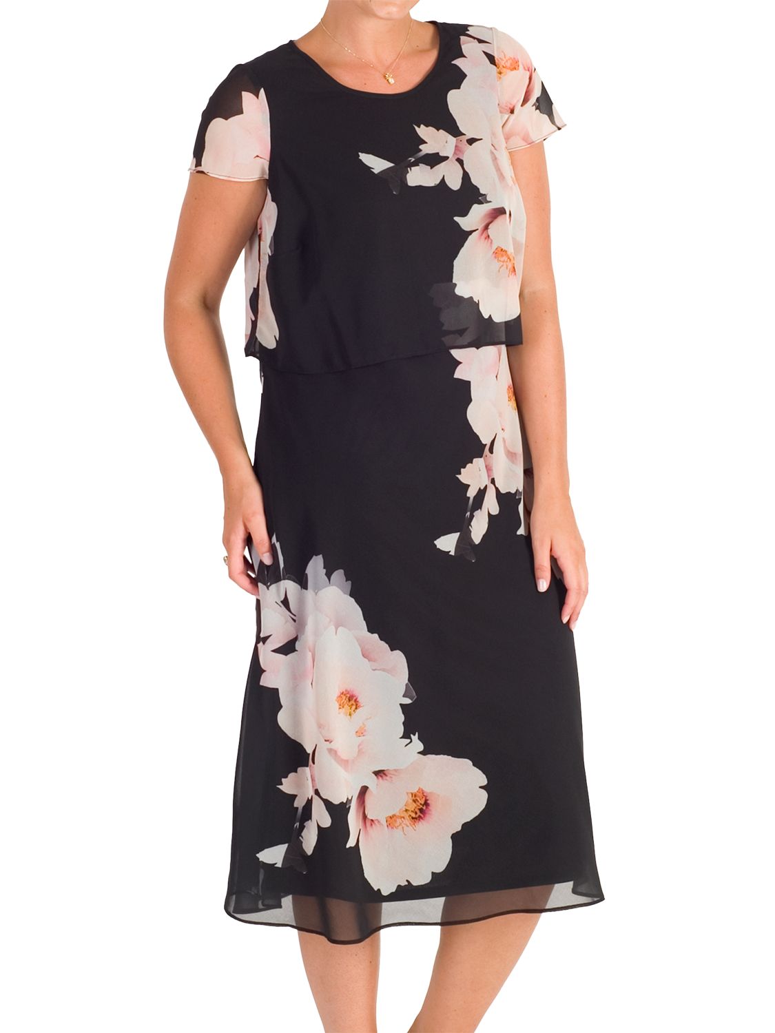 Chesca Floral Print Layered Chiffon Dress, Black/Blush