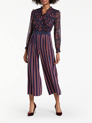 Boden Cicely Palazzo Silk Floral Print and Striped Jumpsuit, Red/Navy