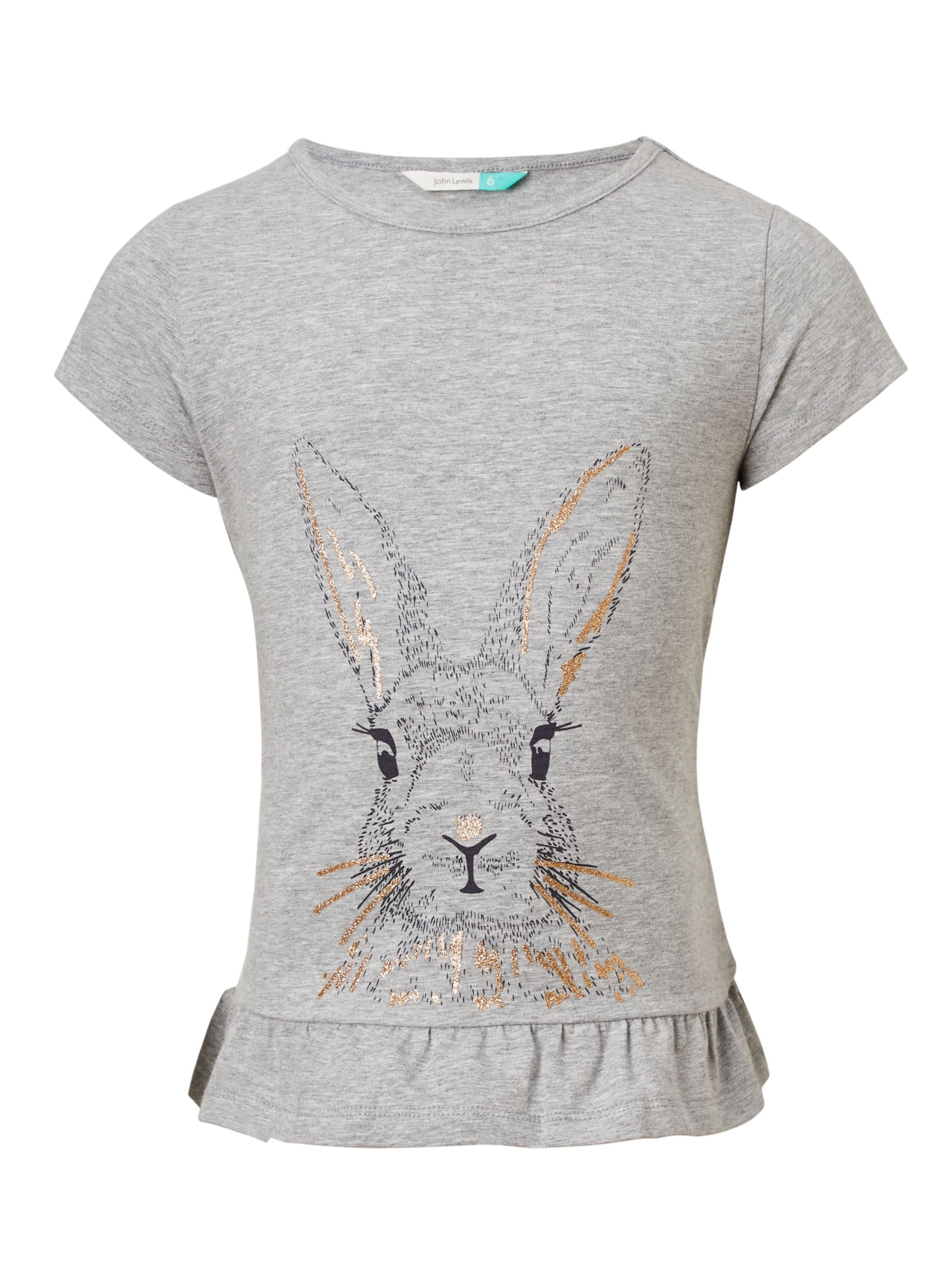 John Lewis & Partners Girls' Frill Hem Rabbit T-Shirt, Grey Marl