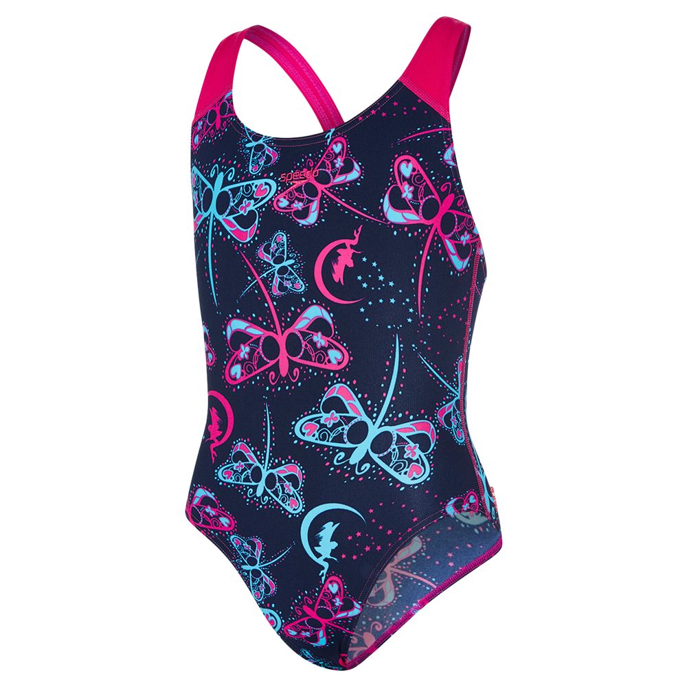 Speedo Girls' Splashback Flashfly Swimsuit, Navy/Turquoise/Pink