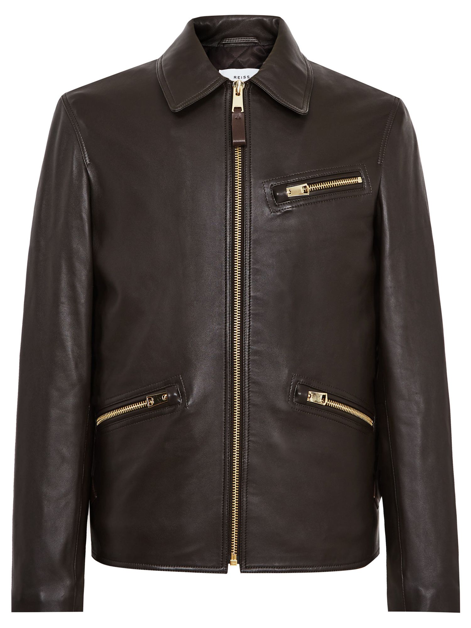 Reiss Hopper Zipped Leather Jacket, Brown