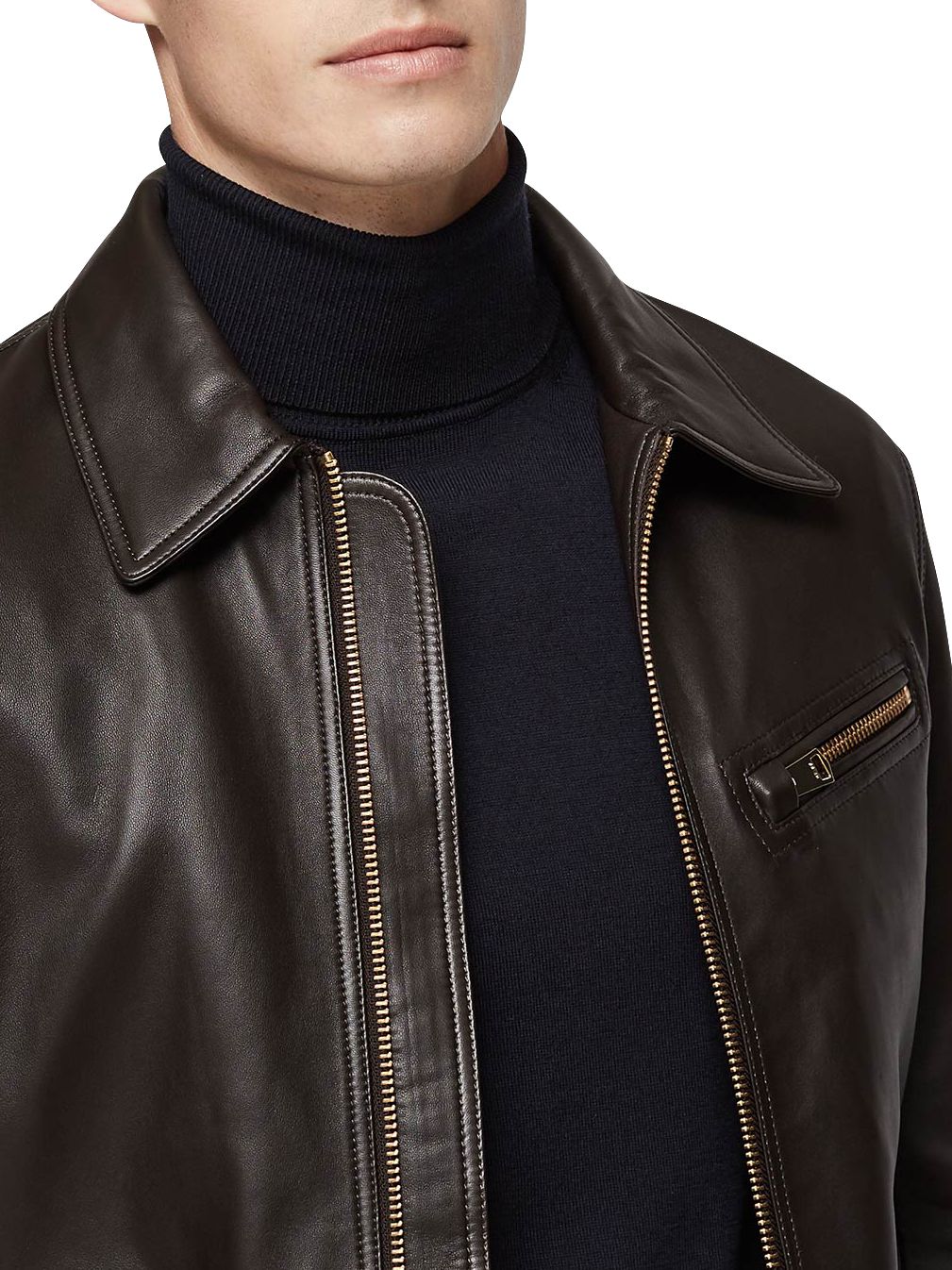 Reiss Hopper Zipped Leather Jacket, Brown